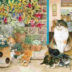 Puzzle Agneatha e os seus gatinhos na soleira da porta