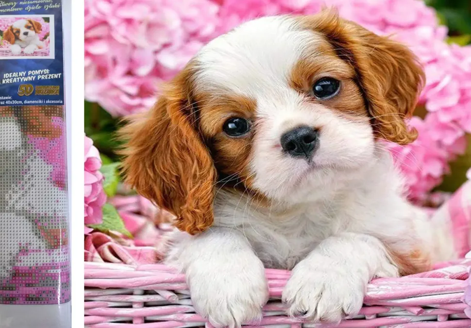 Puzzle Diamant painting: Cachorrinho em cesta rosa 30x40cm
