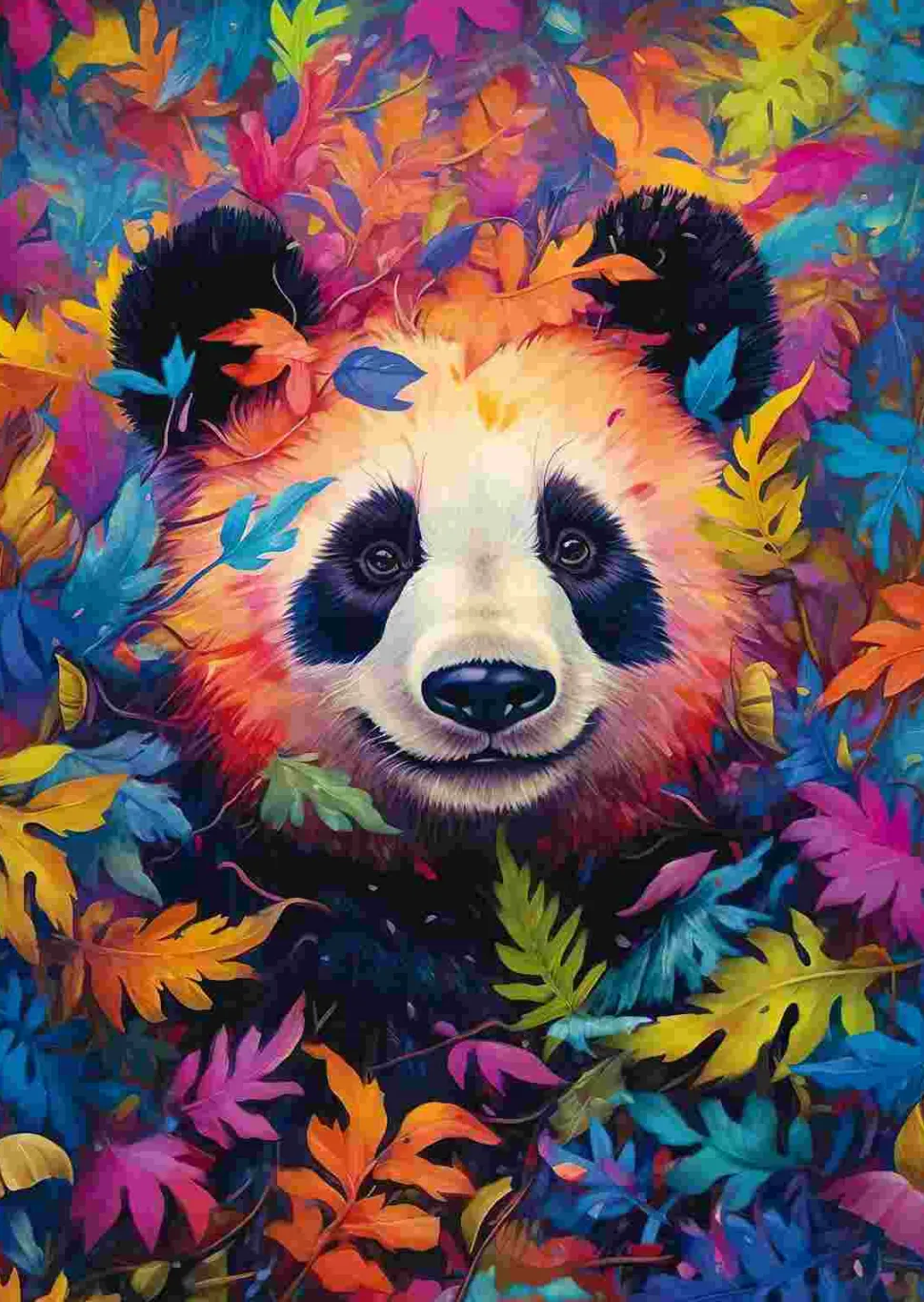 Puzzle Panda em uma floresta com cores de arco-íris