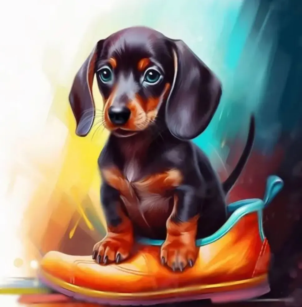 Puzzle Pintura diamantada: Dachshund em um sapato 30x40 cm