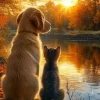 Puzzle Pintura Diamant: Gatinho com cão na praia 30x40cm
