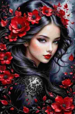 Puzzle Pintura Diamant: Morena com flores vermelhas 30x40cm