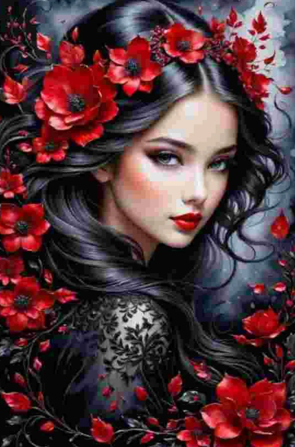 Puzzle Pintura Diamant: Morena com flores vermelhas 30x40cm