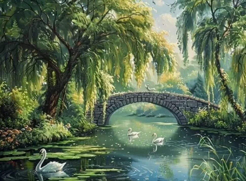 Puzzle Pintura Diamant: Ponte de pedra sobre o rio 30x40cm