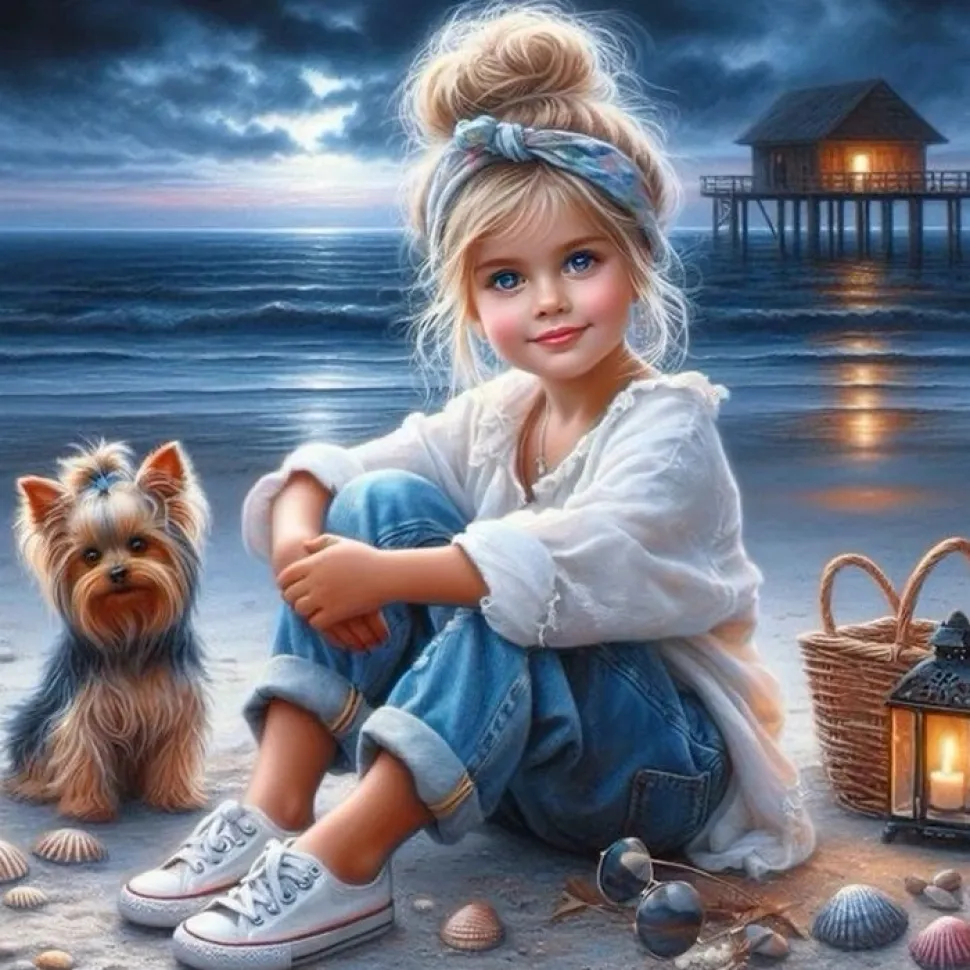 Puzzle Pintura Diamant: Rapariga com um cão 30x40cm
