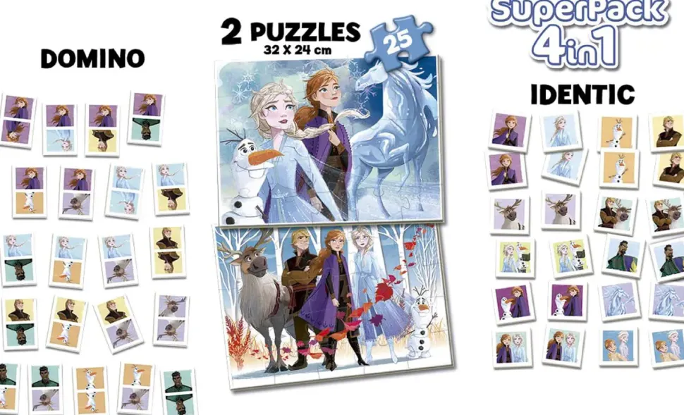 Puzzle 4v1 Superpack Frozen - quebra-cabeça, memória, dominó